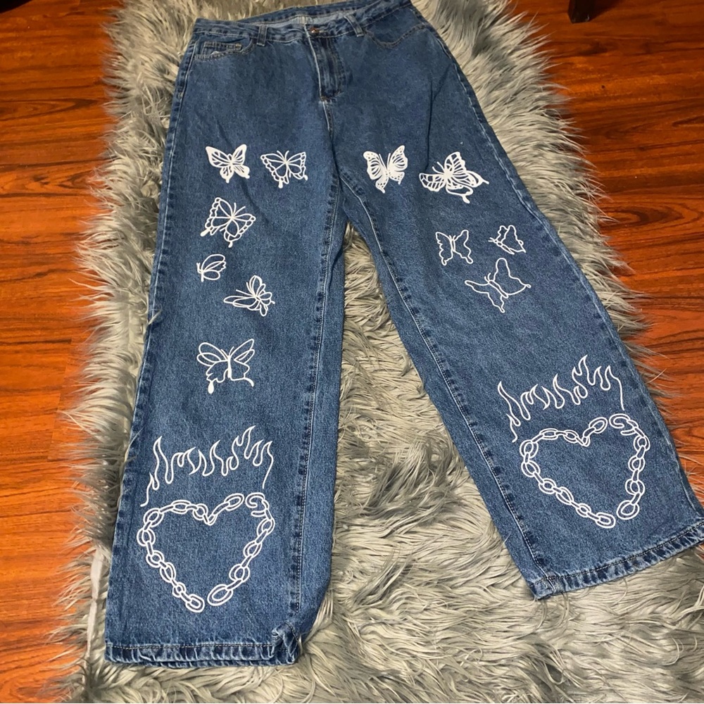 SHEIN Fire Hearts, Chains,Butterflies High Waisted Wide-Leg Denim Jeans Sz L GUC